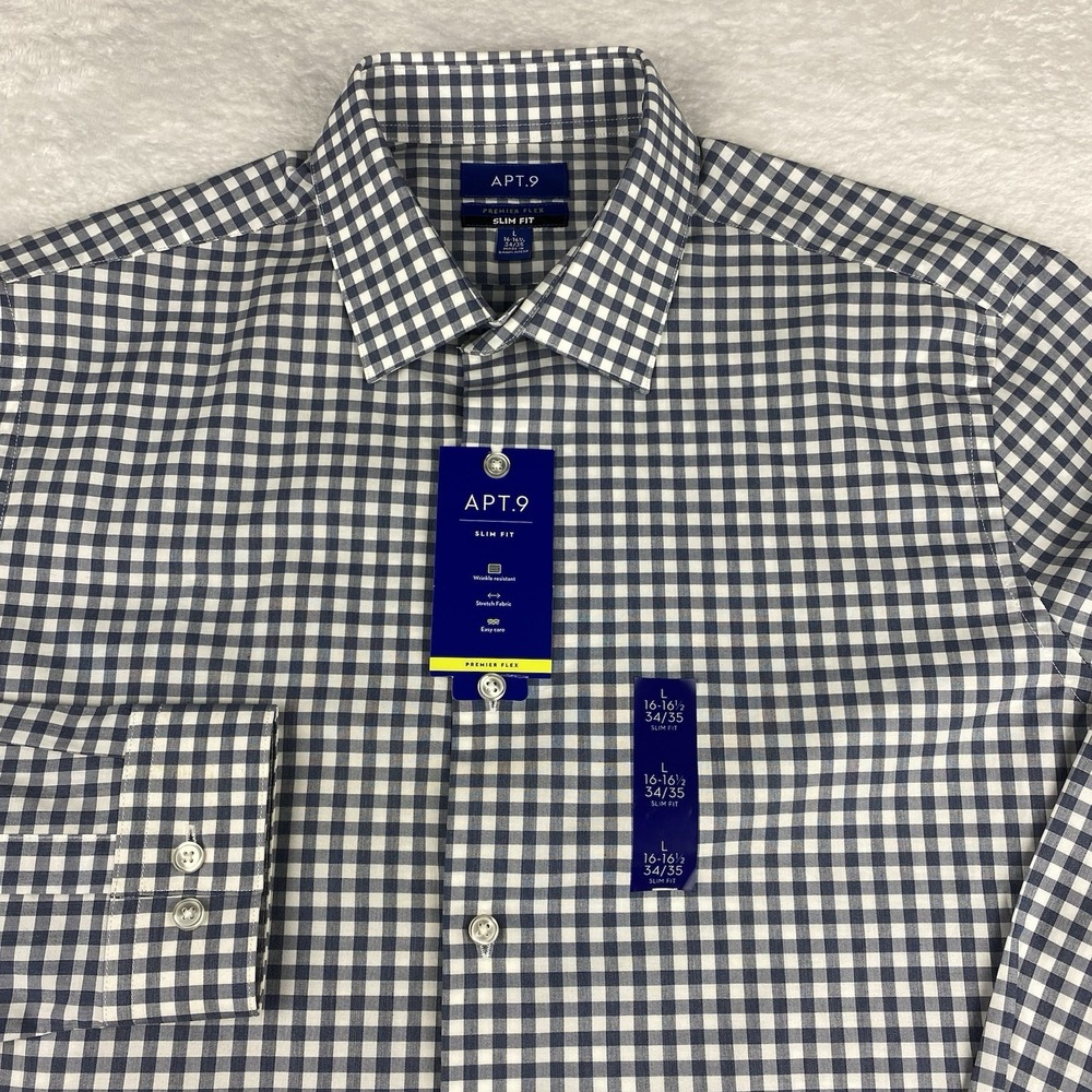Apt. 9 Shirt Mens Large 16-16.5/ 34-35 Blue/White Checks Slim Fit Easy Care NWT!